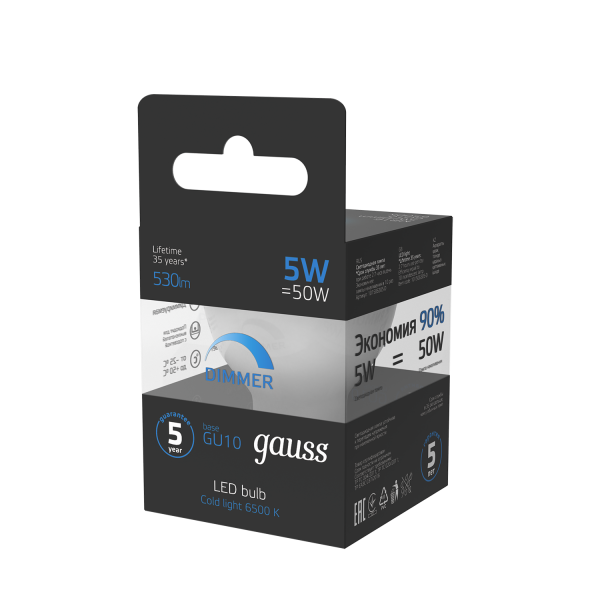 Купить Gauss Лампа MR16 5W 530lm 6500K GU10 диммируемая LED 1/10/100 101506305-D