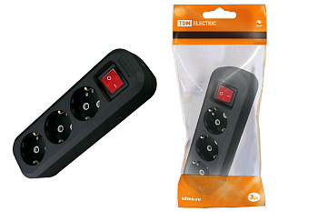 TDM Колодка розеточная 3 гнезда 2П+3 c выключателем 16А 250В черная SQ1806-0117