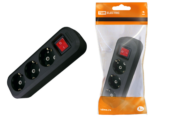 TDM Колодка розеточная 3 гнезда 2П+3 c выключателем 16А 250В черная SQ1806-0117