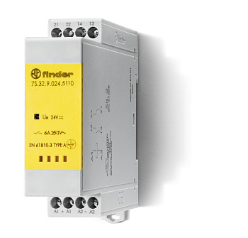 Finder Модульное электромеханическое реле безопасности (реле с принудительным управлением контактами); 1NO+1NC 6A; контакты AgNi+Au; катушка 12В DC; в 7S3290125110