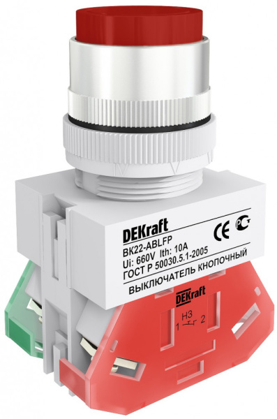 Dekraft Выключатель кноп. ABLFP D22 КРАСНЫЙ 220В ВK-22