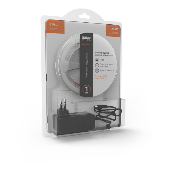 Купить Gauss Лента Basic в комплекте 12V 6W/m 600lm/m 3000K IP65 LED 5m 1/50 BT013