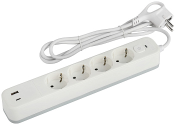 ЭРА Сетевой фильтр USF-4es-1,5m-2xUSBAC-W с базовой защитой с заземлением с выключателем 4 розетки+2xUSBA+C3,1A 1,5м 10А