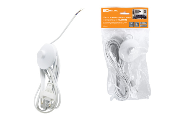 TDM Шнур с ножным выключателем и плоской вилкой ШУН01В ШВВП 2х0,75мм2 3,5м. белый SQ1305-0061