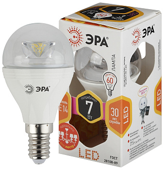 ЭРА LED P45-7W-827-E14-Clear (диод,шар,7Вт,тепл, E14) Б0017241