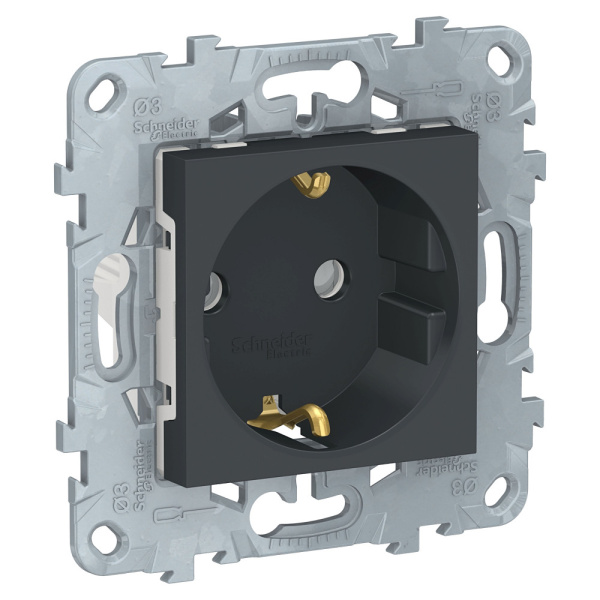 SE Unica New Антрацит Розетка с/з со шторками, винт. зажим, 16А, 250В NU503754