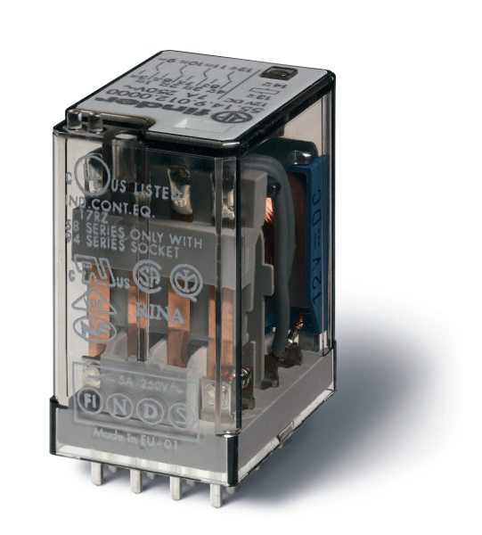 Finder Миниатюрное универсальное электромеханическое реле; монтаж на печатную плату; 4CO 7A; контакты AgNi; катушка 12В DC; влагозащита RTIII; опции: 551490120001