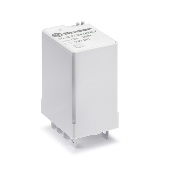 Finder Миниатюрное силовое электромеханическое реле; монтаж в розетку или наконечники Faston (4.8х0.5мм); 2CO 12A; контакты AgNi; катушка 24В DC; степ 563290240000T