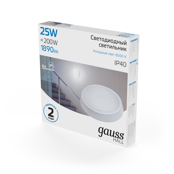 Купить Gauss Светильник ЖКХ HALL круг 25W 1890lm 6500K 200-240V IP40 D210*35мм белый LED 193411325