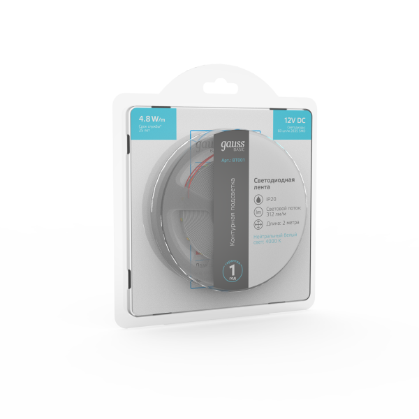 Купить Gauss Лента Basic 12V 4,8W/m 312lm/m 4000K IP20 LED 2m 1/100 BT001