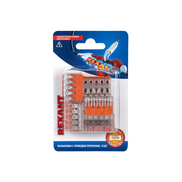 Соединительная компактная рычажковая клемма 5-проводная прозрачная (0,14-4 мм²) 10 шт. Rexant 06-0215-B10