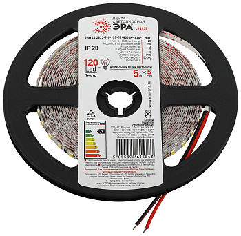 ЭРА Светодиодная лента ЭРА узкая 5мм LS2835 9,6-120-12-4000K-IP20-1 year-5m нейтральный белый свет