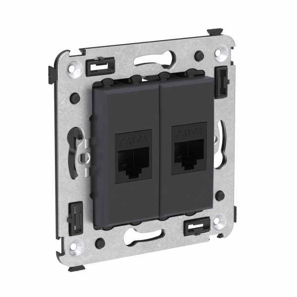 Купить DKC Компьютерная розетка RJ-45 без шторки в стену, кат.6А двойная, "Avanti", "Черный матовый"