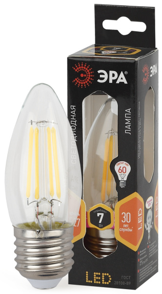 ЭРА F-LED B35-7W-827-E27 (филамент, свеча, 7Вт, тепл, E27)