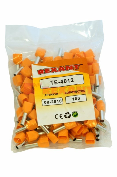 Купить Наконечник штыревой втулочный изолированный F-12мм 2х4мм² (НШВи(2) 4.0-12 / НГи2 4,0-12) оранжевый Rexant 08-2810