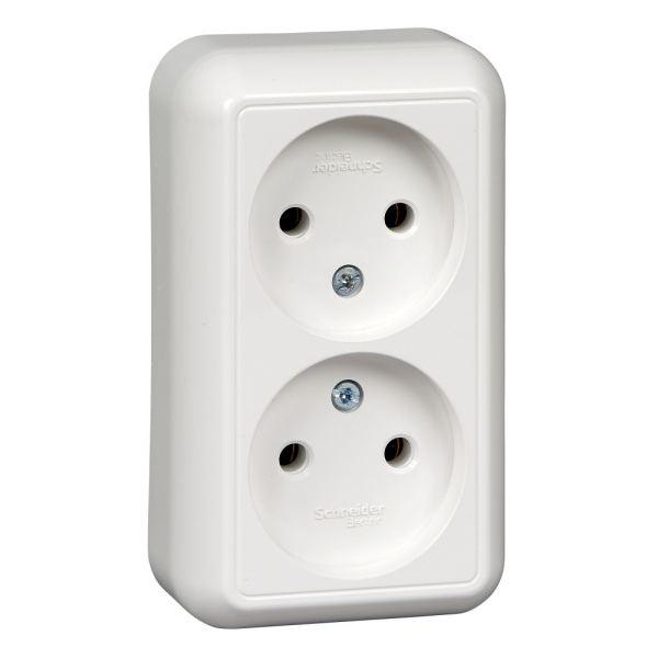 SE Wessen Прима наруж Бел Розетка 2-ая б/з без шторок 10А , монтажная пластина (в сборе)(опт.упак.) . RA16-213M-B