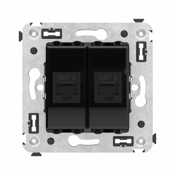 DKC Компьютерная розетка RJ-45 без шторки в стену, кат.6 двойная, "Avanti", "Черный квадрат"