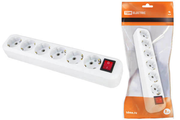 TDM Колодка розеточная 6 гнезд 2П+З с выключателем16А 250В белая SQ1806-0040