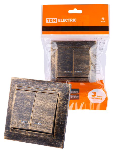 TDM Выключатель 2 кл. с подсветкой 10А старинная бронза "Лама" SQ1815-0747