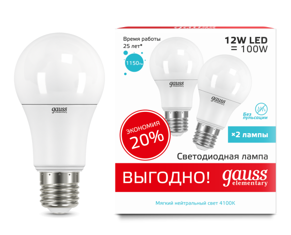 Купить Gauss Лампа Elementary A60 12W 4100K E27 (2 лампы в упаковке) LED 1/50 23222P