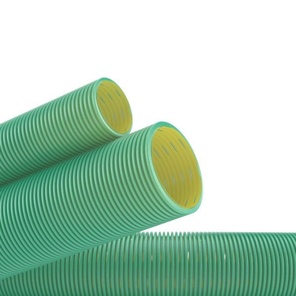 Купить DKC Двустенная труба ПНД гибкая дренажная д.90мм, SN8, перфорация 360 град.,в бухте 50м, цвет зеленый