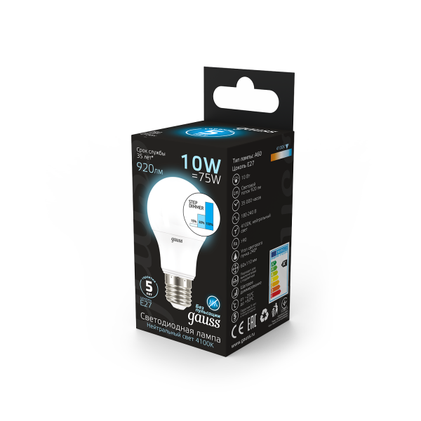 Купить Gauss Лампа A60 10W 920lm 4100K E27 шаг. диммирование LED 102502210-S