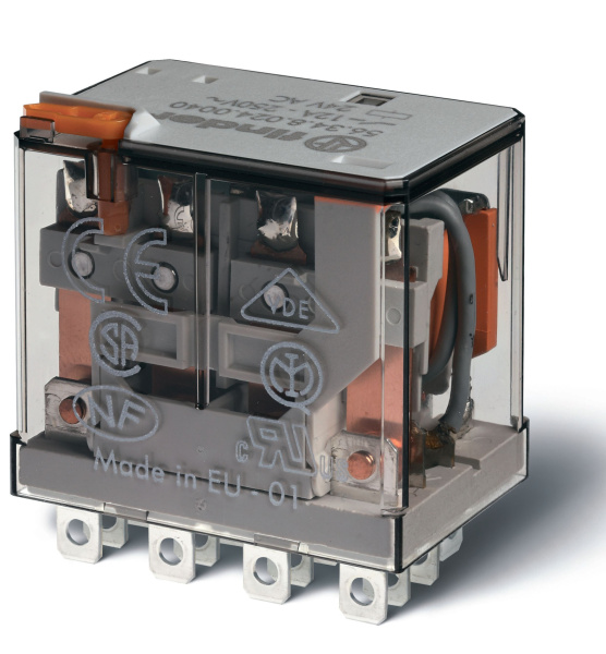 Finder Миниатюрное силовое электромеханическое реле; монтаж в розетку или наконечники Faston (4.8х0.5мм); 4CO 12A; контакты AgNi; катушка 24В АC; степ 563480240054