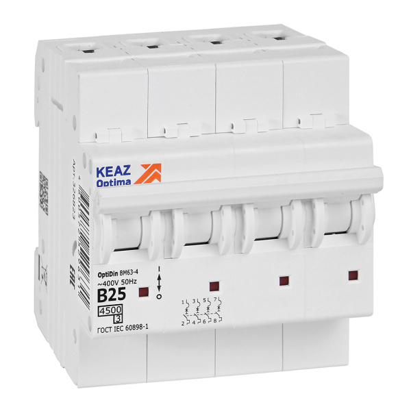 КЭАЗ OptiDin BM63 Автоматический выключатель 4P 25А B 4,5кА AC (BM63-4B25-4,5-УХЛ3) 329530