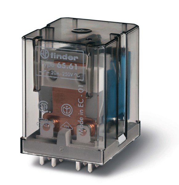 Finder Силовое электромеханическое реле; монтаж на печатную плату, раздвоенные выводы; 1NO+1NC 20A; контакты AgCdO; катушка 48В AC; степень защиты RTI 656180480000