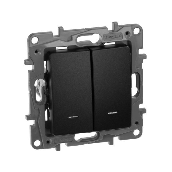 Купить Legrand Etika Антрацит Переключатель 2-клавишный с подсветкой, 10А, авт. клем 672616