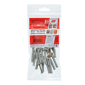 Tech-Krep Дюбель-гвоздь 6х40 гриб. манжета (полипропилен) (16 шт) - пакет 102945