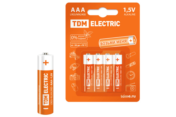 TDM Элементы питания LR03 AAA Alkaline 1,5V BP-4 SQ1702-0006