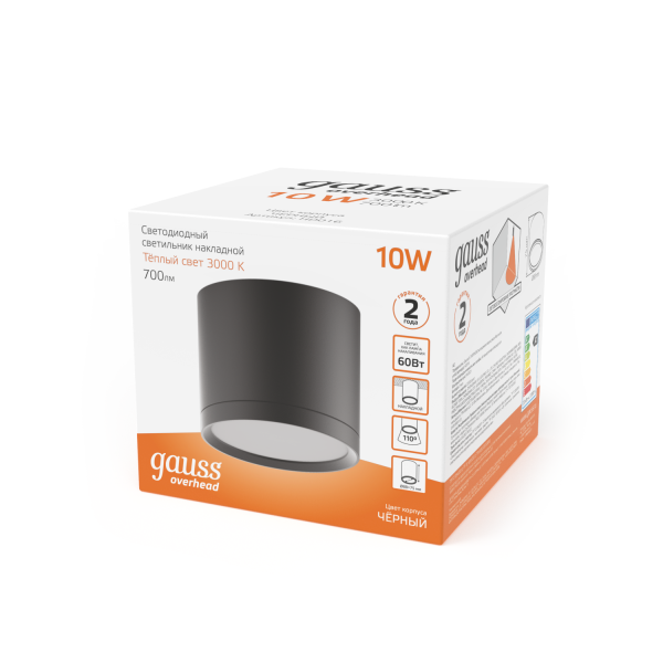 Купить Gauss Светильник Overhead накл цил 10W 700lm 3000K 170-240V IP20 88*75мм черный с расс LED HD016
