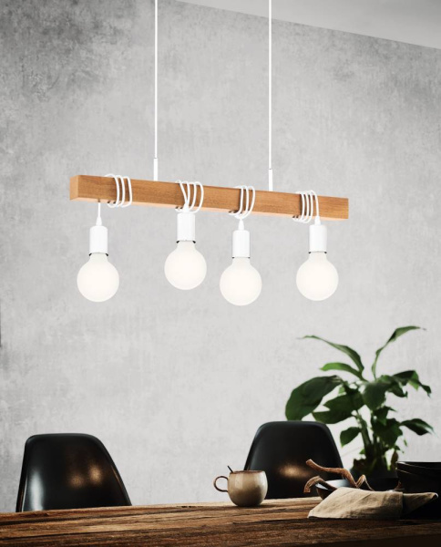 Купить Eglo 33164 Подвес TOWNSHEND, 4х60W (E27), L700, B105, H1100, сталь, белый/дерево, коричневый