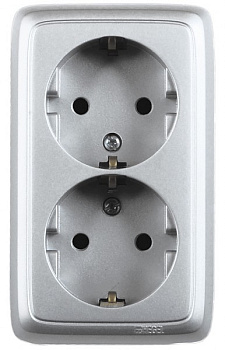 Hegel Альфа наруж Серебро РА16-153-06 Розетка с/з двойная, с изол. пластиной