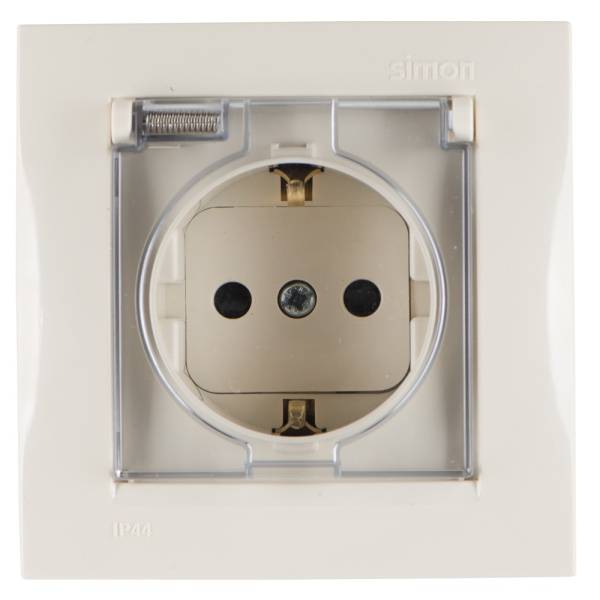 Simon 15 Бежевая Розетка 1-ая с/з с крышкой с защитными шторками, IP44 (в сборе с рамкой) 1590450-031