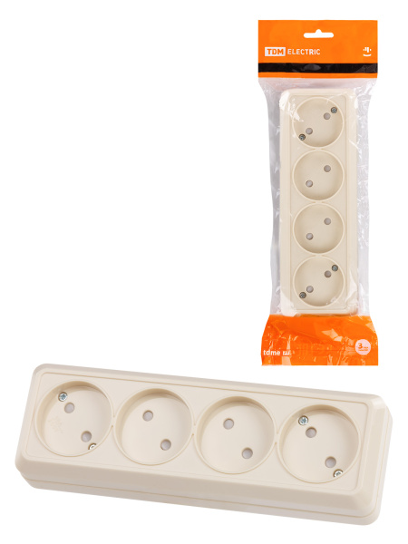 TDM Розетка 4-х местная горизонтальная 2П открытой установки IP20 10A с з/ш сл. кость "Ладога" SQ1801-0229