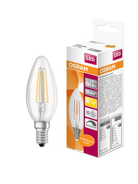 Купить Osram Светодиодная филаментная лампа LED STAR Classic B 5W (замена 60Вт),диммируемая,теплый белый свет, прозрачная колба, Е14 4058075230354