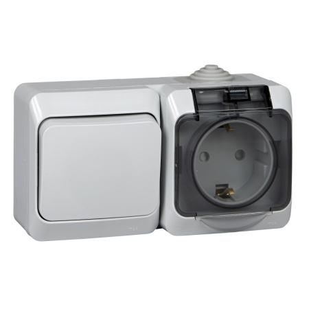 SE Этюд наруж Серый Блок Выключатель 1-клавишный + розетка с/з со шторками IP44 BPA16-241C