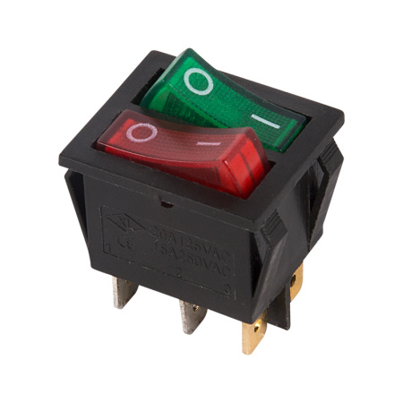 Выключатель клавишный 250V 15А (6с) ON-OFF красный/зеленый с подсветкой ДВОЙНОЙ Rexant 36-2450